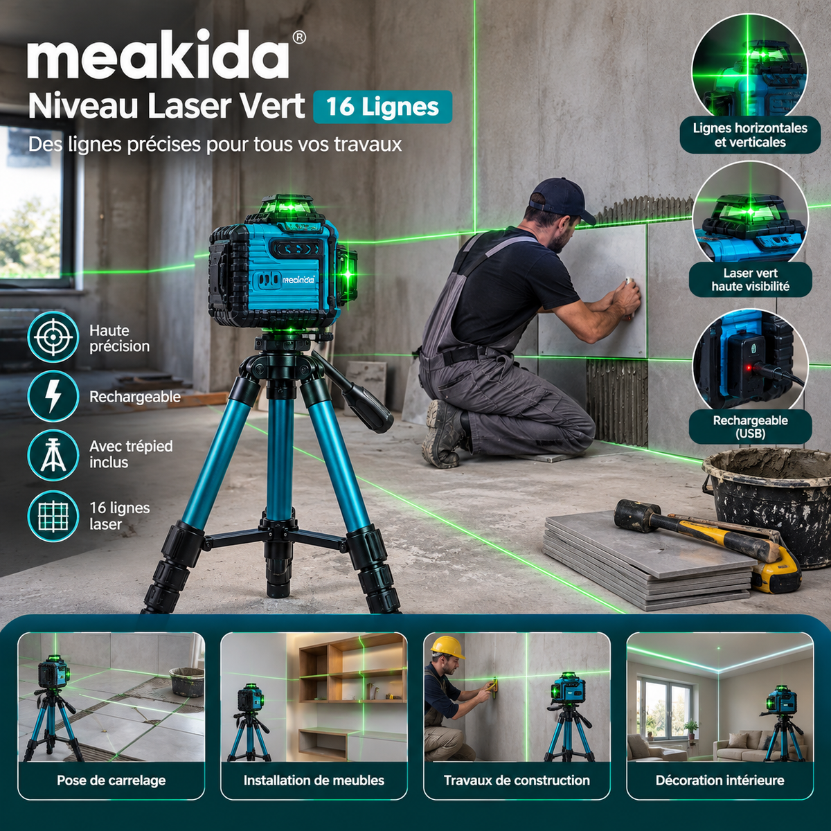 Niveau Laser Vert 16 Lignes Meakida MD-77019