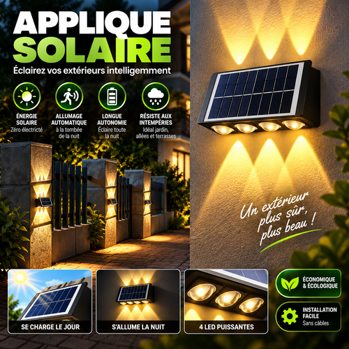Applique solaire murale 4 LED avec allumage automatique, longue autonomie et résistance aux intempéries