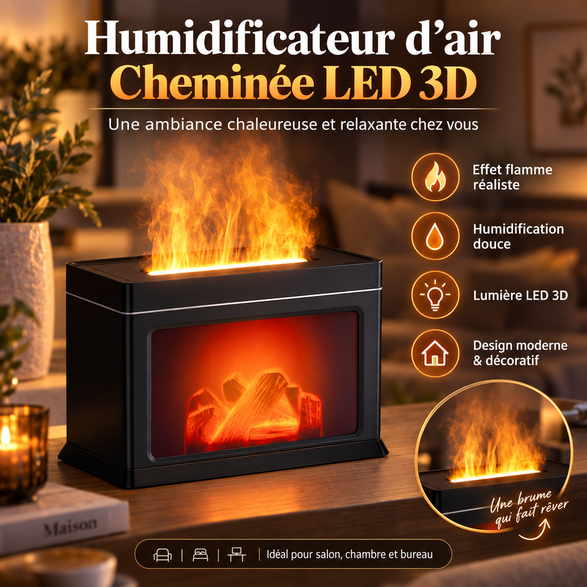 Humidificateur d’air effet cheminée LED 3D avec brume douce et lumière effet flamme