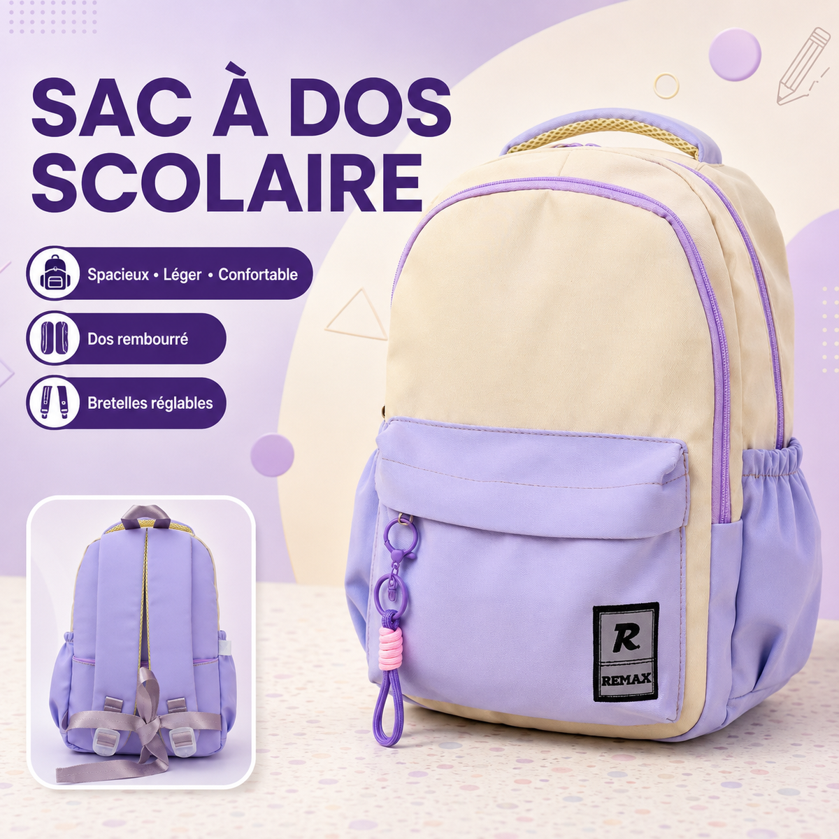 Sac à Dos Scolaire Remax – Violet et Crème