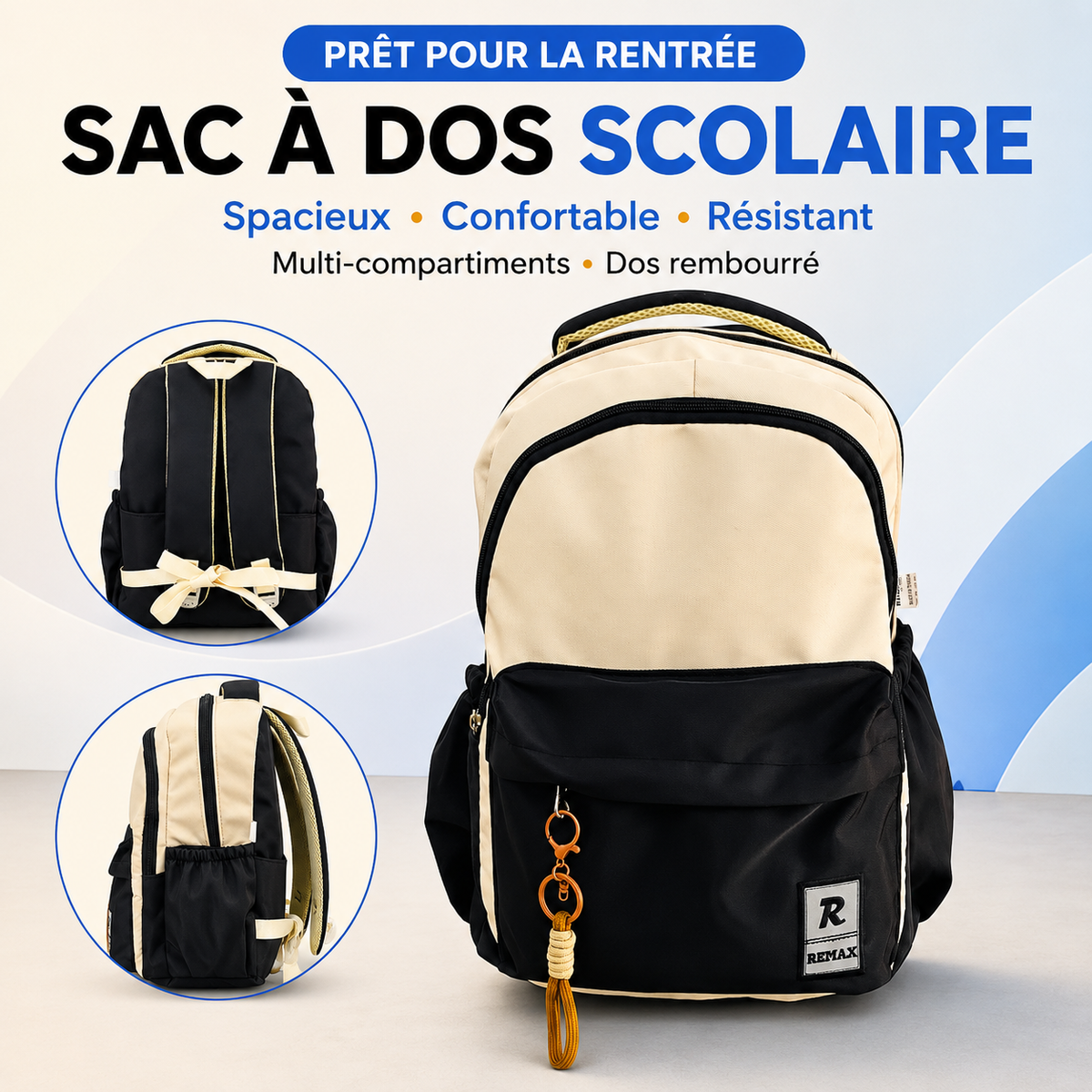 Sac à Dos Scolaire Remax – Noir et Crème