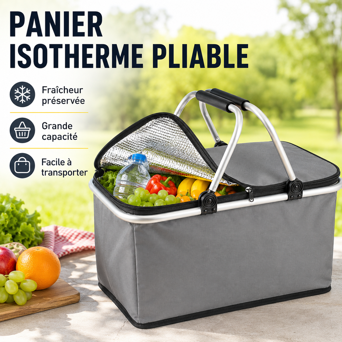 Panier Isotherme Pliable Grande Capacité – Isolation Aluminium pour Pique-nique et Courses