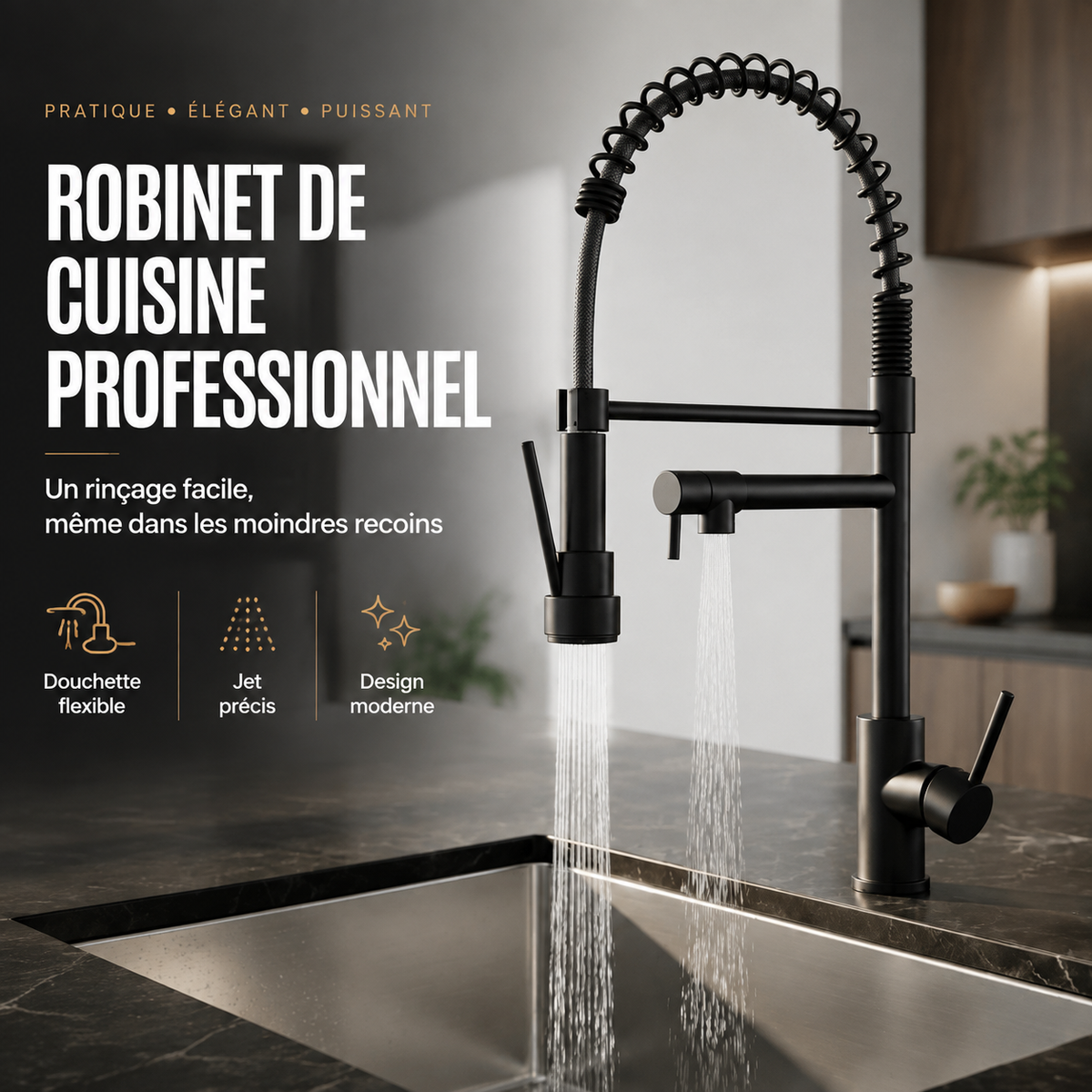 Robinet de Cuisine Professionnel – Noir Mat avec Douchette Flexible