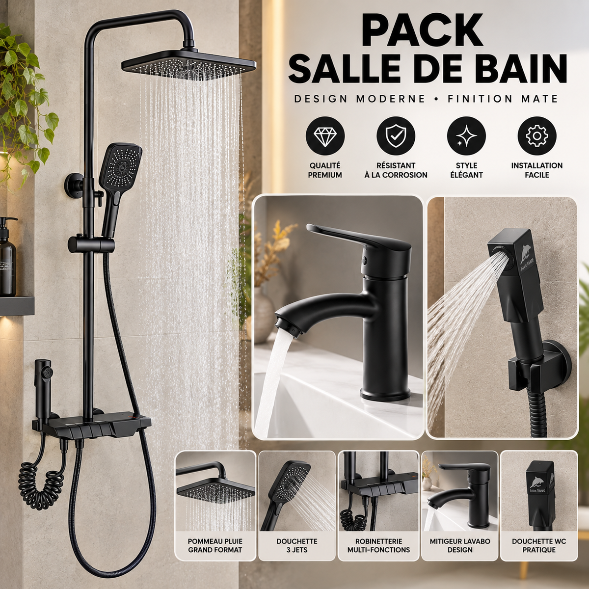 (Pack) Black Luxury Bathroom Shower Set