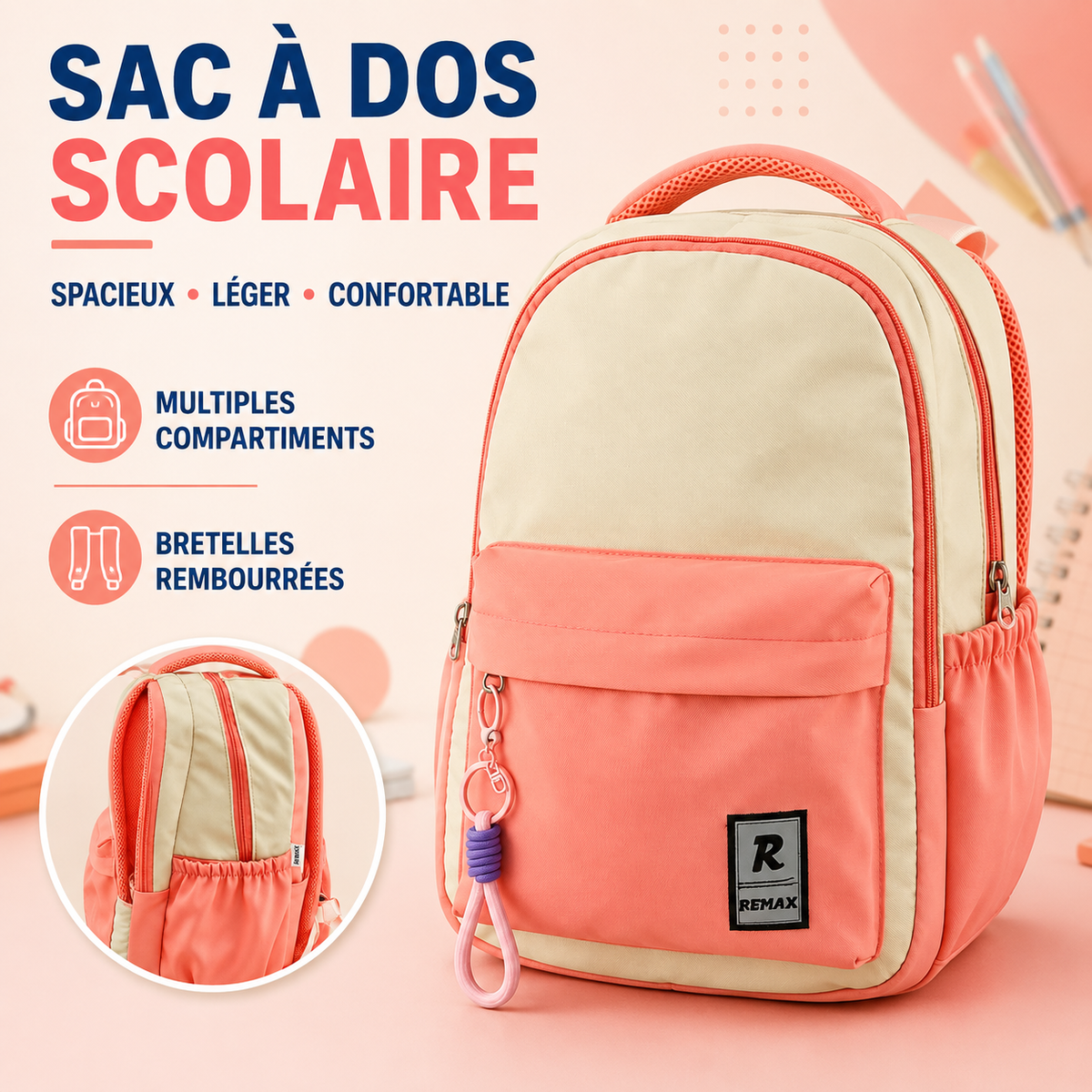 Sac à Dos Scolaire Remax – Rose et Crème