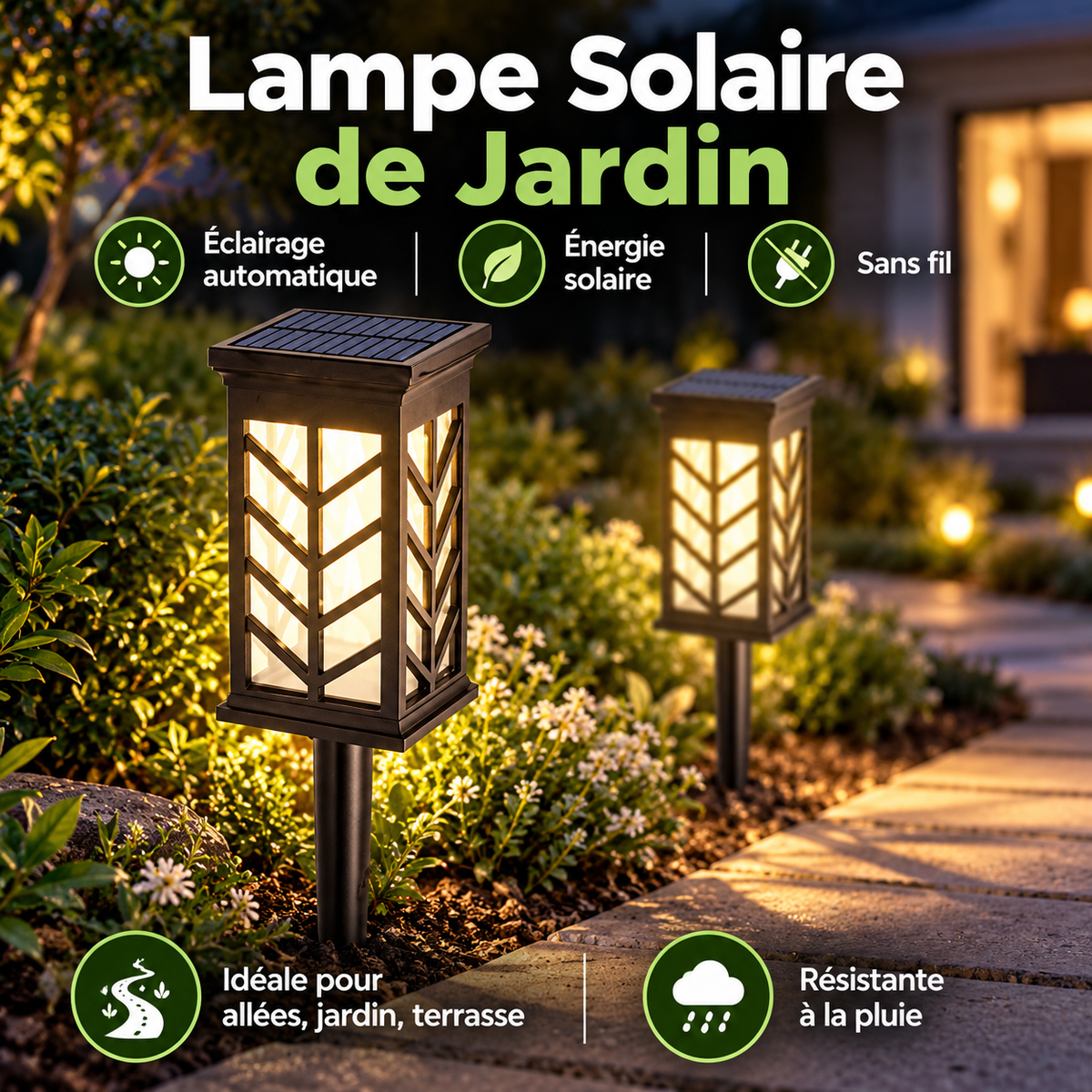 Pack de deux lampes solaires de jardin avec éclairage automatique, sans fil et résistantes à la pluie