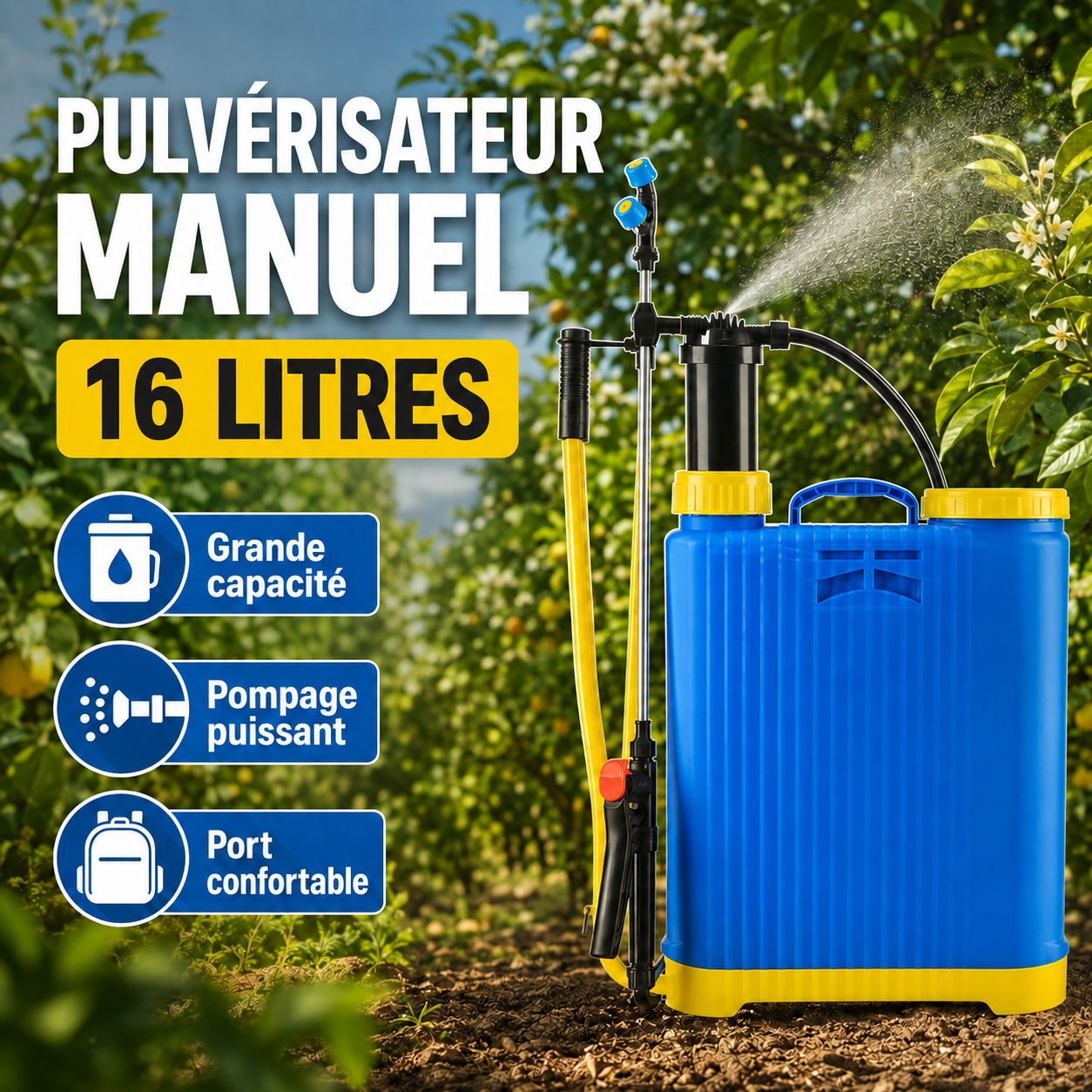 Pulvérisateur manuel à dos 16L grande capacité – pompage puissant port confortable