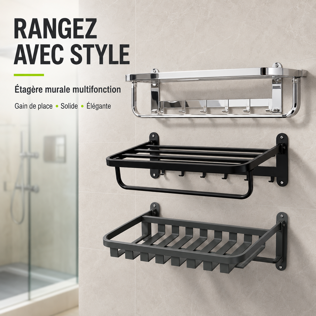 Étagère murale multifonction salle de bain – chromé, noir mat et gris anthracite