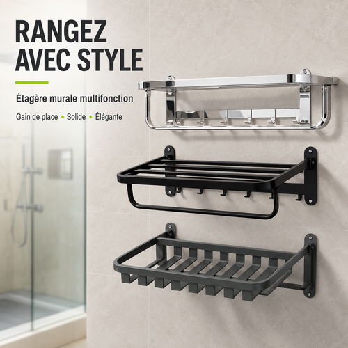 Étagère murale multifonction salle de bain – chromé, noir mat et gris anthracite