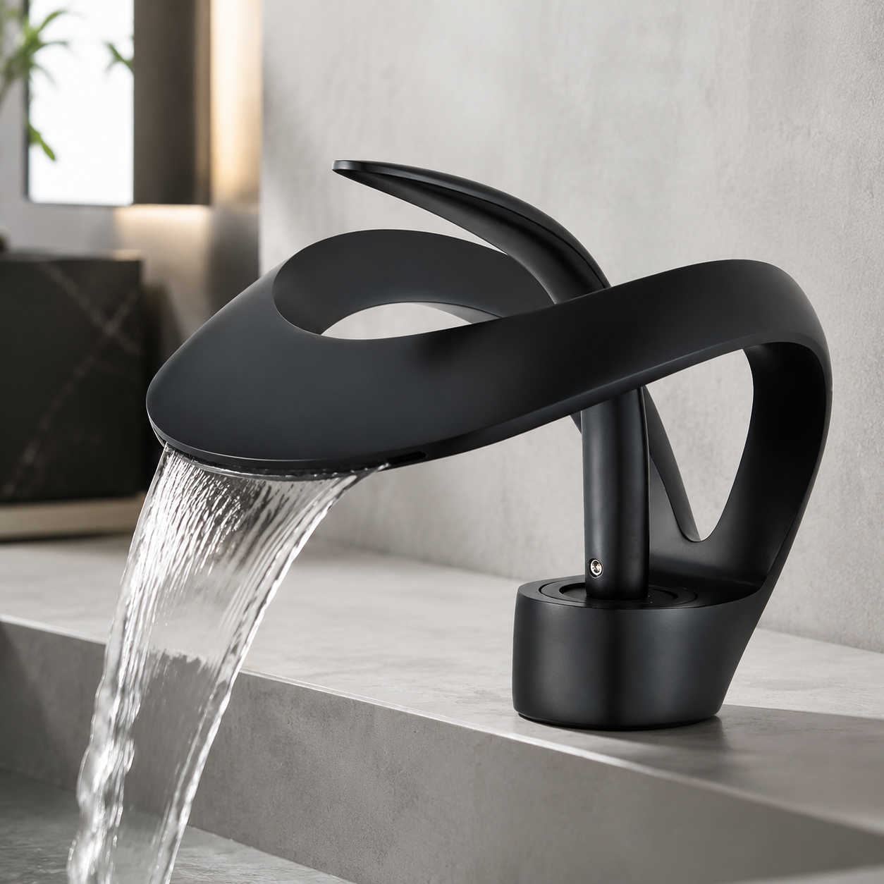 Robinet salle de bain design cascade noir mat – forme boucle sculpturale