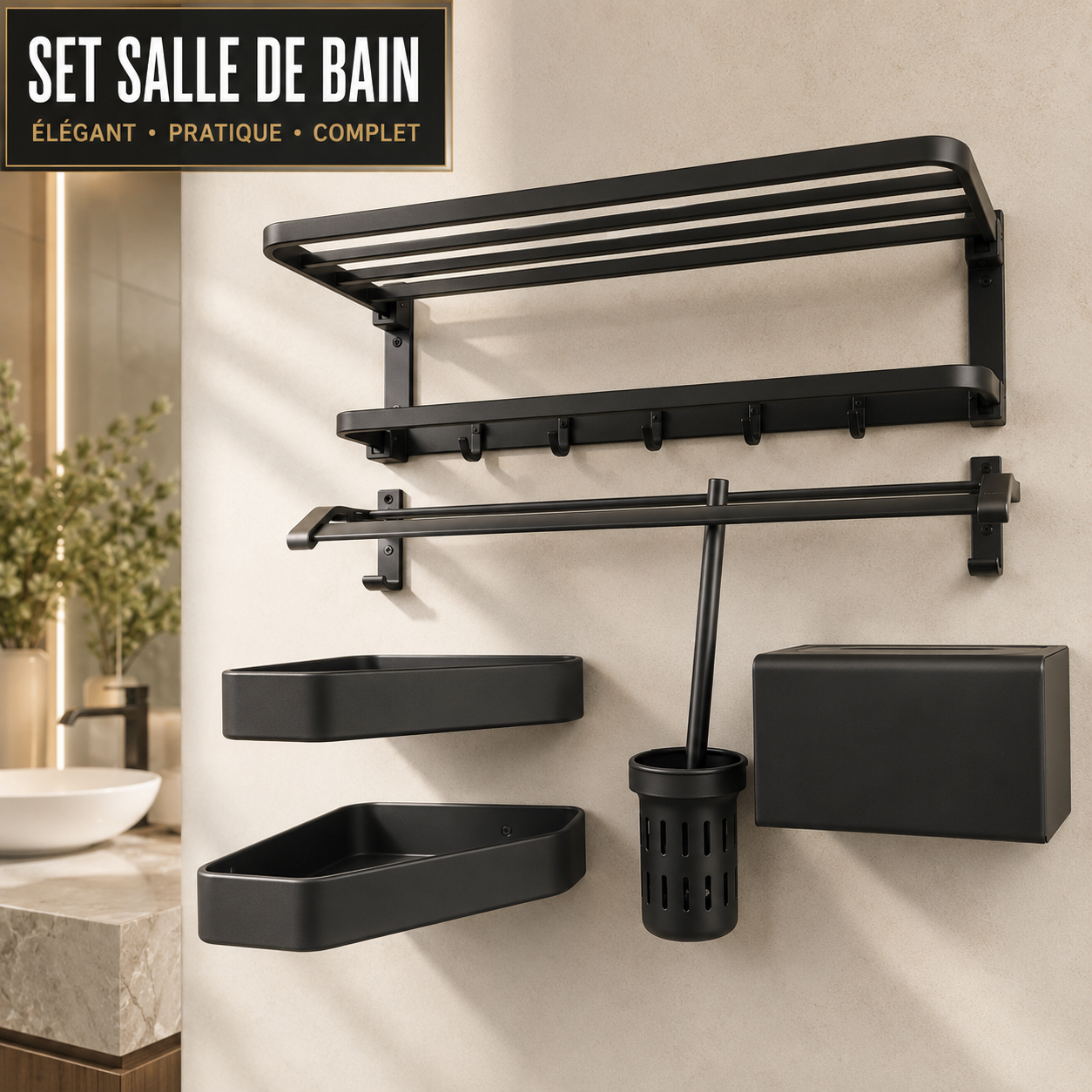 Set salle de bain noir mat complet – élégant pratique et complet
