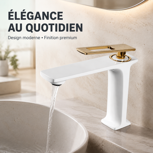 Mitigeur lavabo cascade bicolore blanc mat et or – design luxe premium