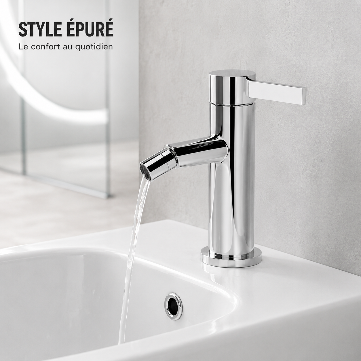 Mitigeur lavabo style épuré chromé brillant sur vasque blanche
