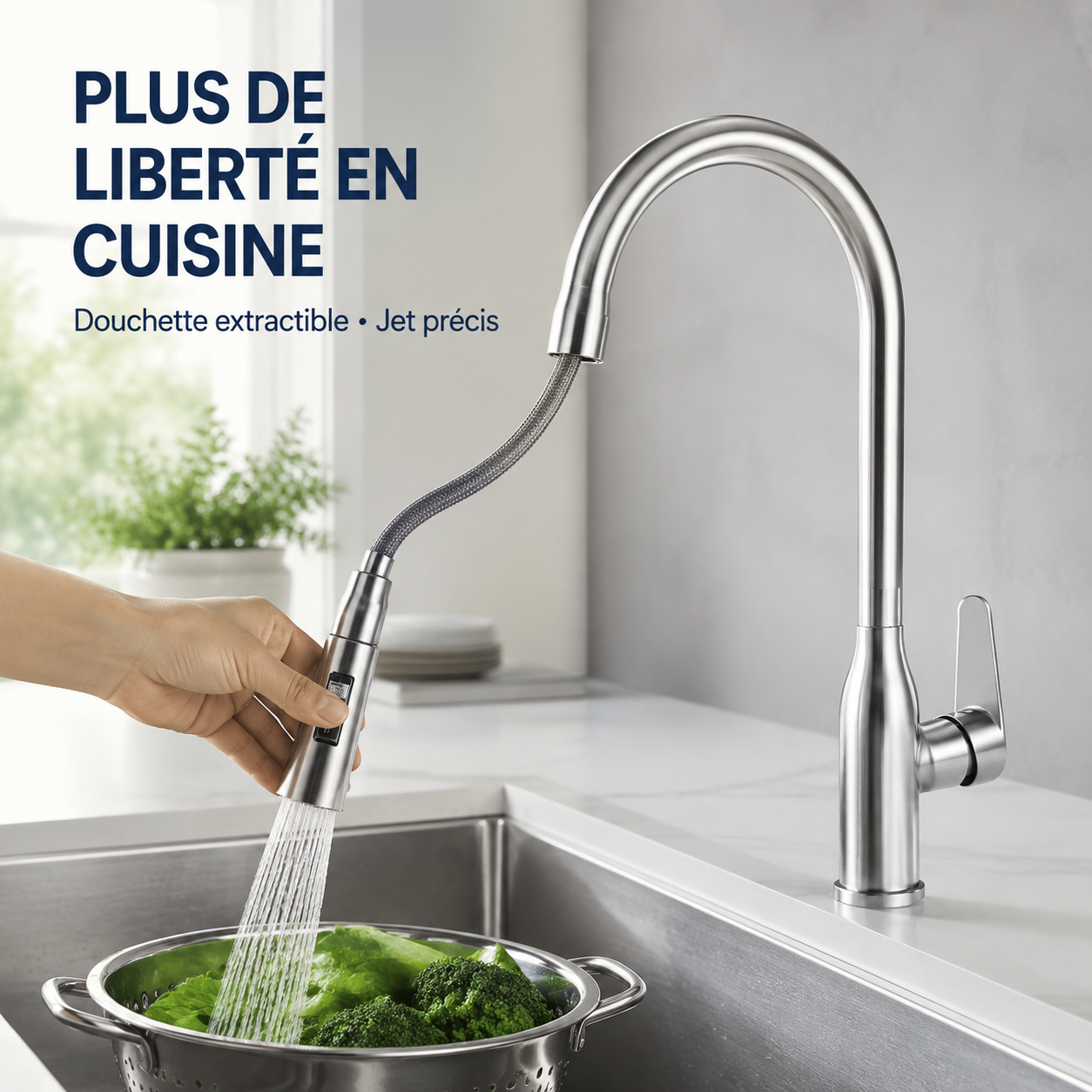 Robinet cuisine douchette extractible inox brossé – jet précis